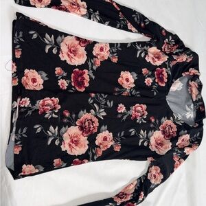Rue21 Black Long Sleeve Top with Pink Rose Bouquet Print